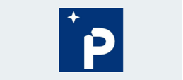 A blue and white logo with the letter p.